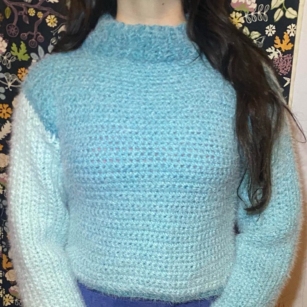 Handmade Cozy Crochet Mock Neck Blue Color-block Sweater Size Small NWOT